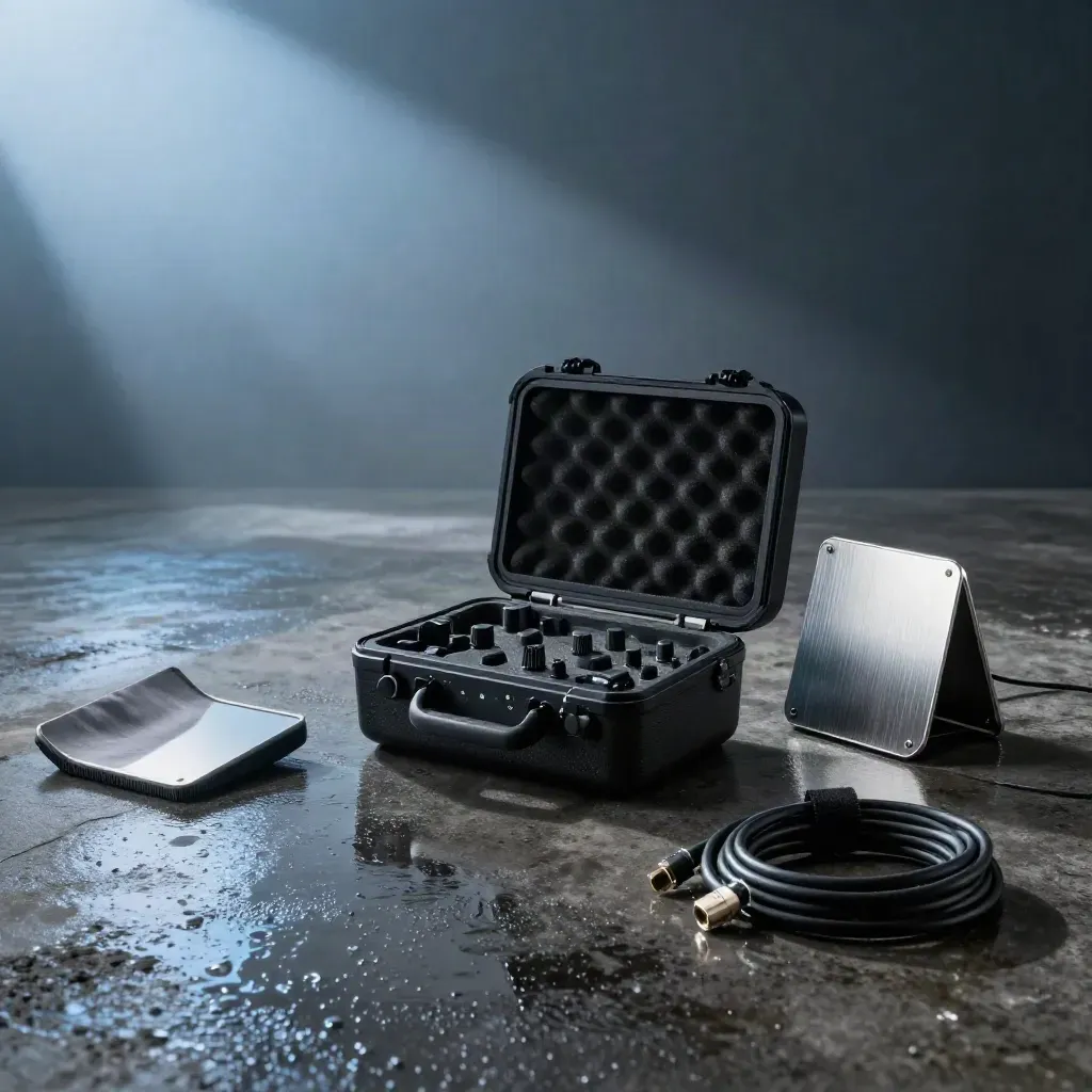 Dunkles Filmset mit Recorder, Funkmikrofon-Etui, Diffusionsstoff und Kabeln auf nassem Studioboden.