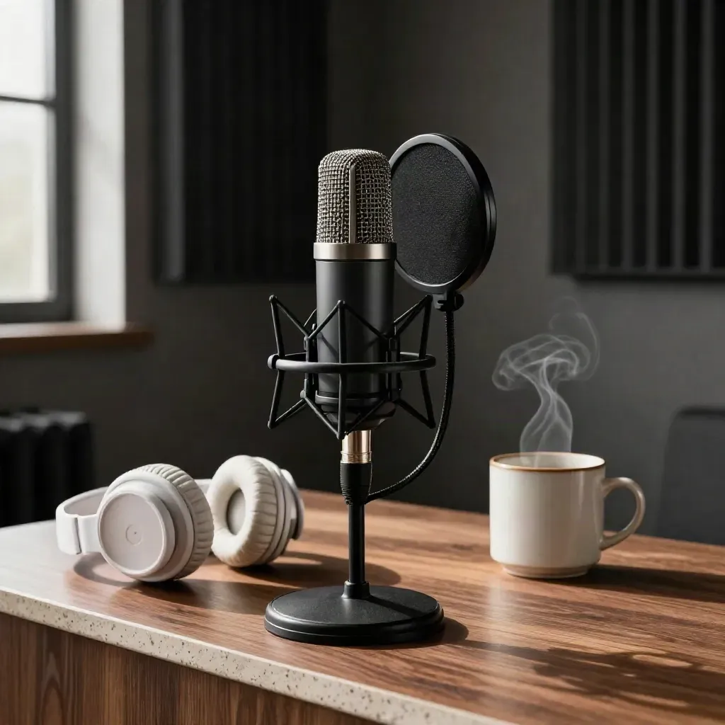 Mikrofon, Kopfhörer und Tasse im warmen Podcast-Raum mit dunkler Akustikwand.