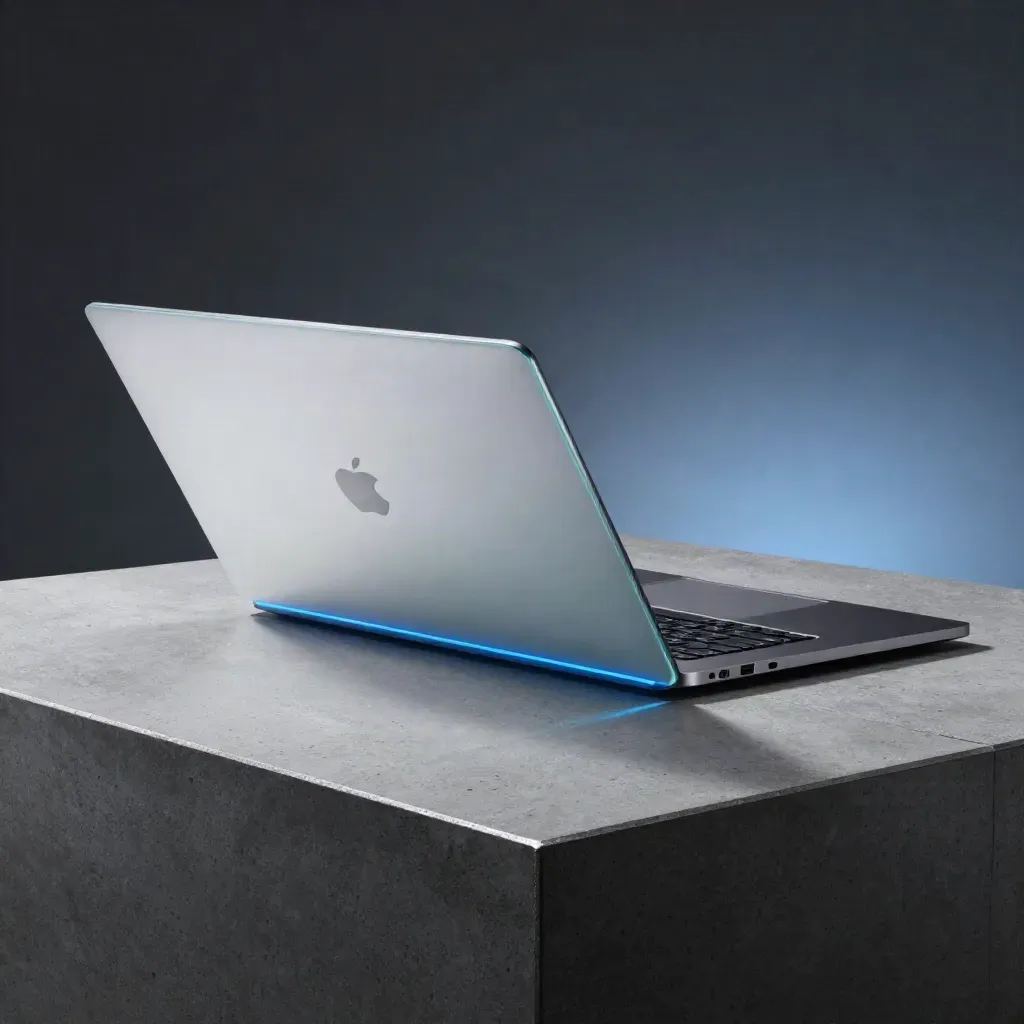 Frostglas, Laptop und Lichtstreifen auf dunklem Beton, modern und präzise
