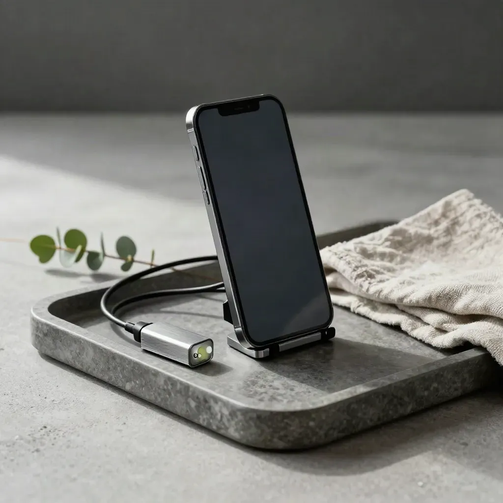 Smartphone im Clamp-Rig, LED-Puck, Kabel und Grün auf einer Steintray.