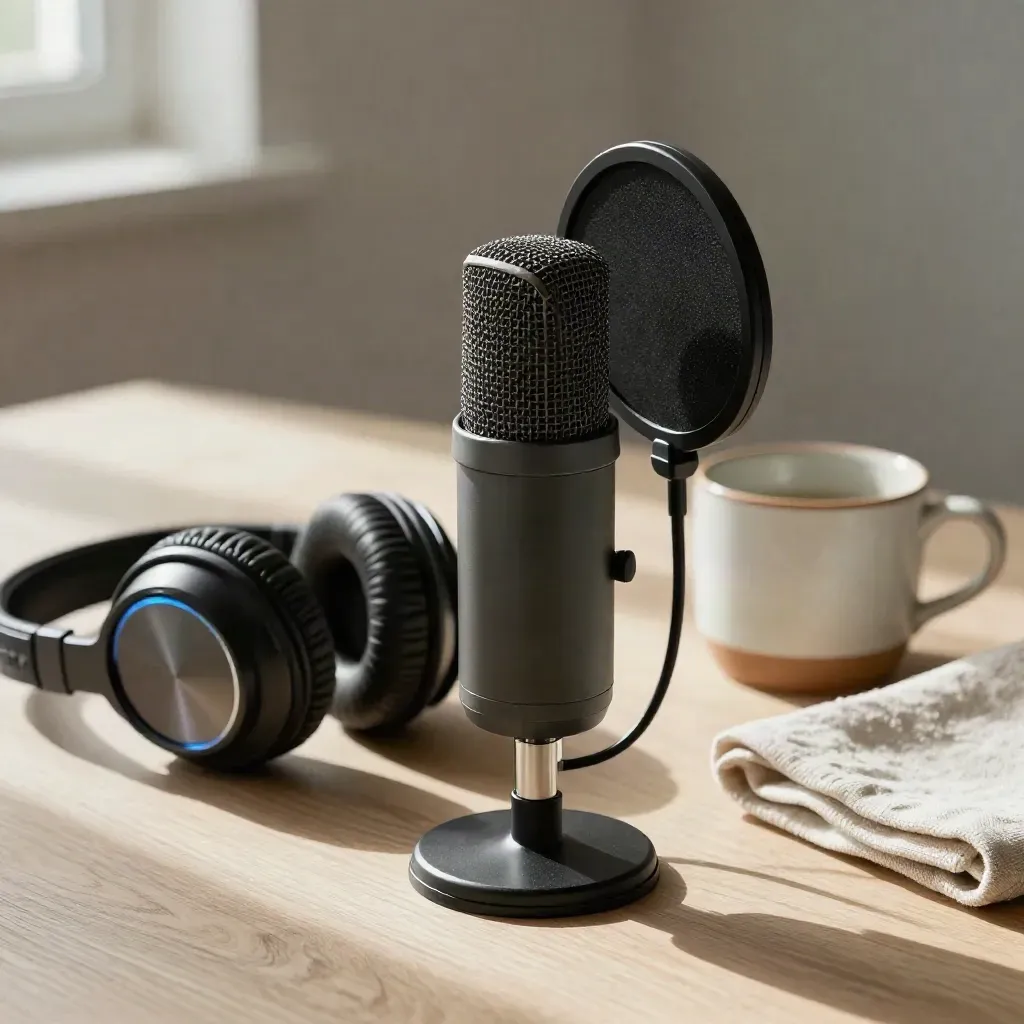 Podcast-Mikrofon mit Kopfhörern, Tasse und Leinen auf hellem Holz im weichen Studiolicht.