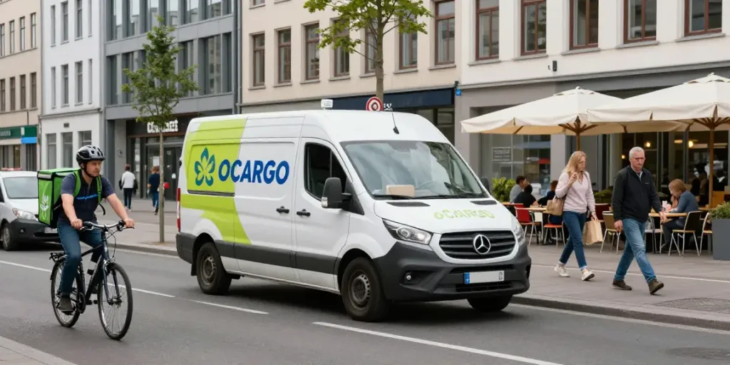 Kurierdienst in Bielefeld: Lieferfahrer belädt ein Fahrzeug mit Paketen in einer belebten Straße.